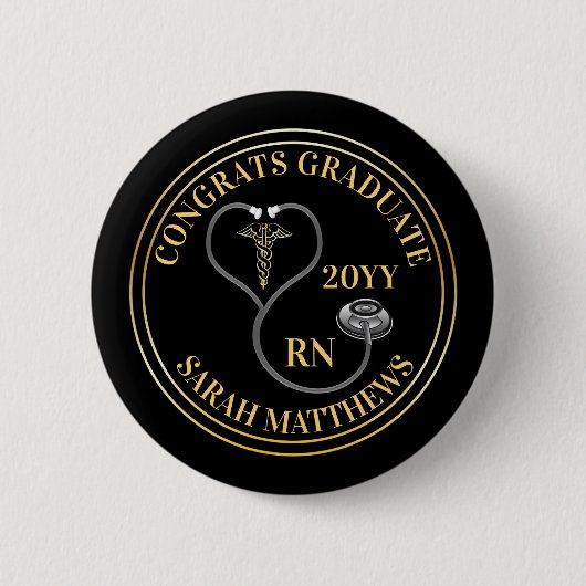 Badge Rond 5 Cm Stethoscope Caduceus RN Congrats Diplômés - Noir (Devant)