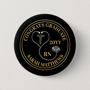 Badge Rond 5 Cm Stethoscope Caduceus RN Congrats Diplômés - Noir