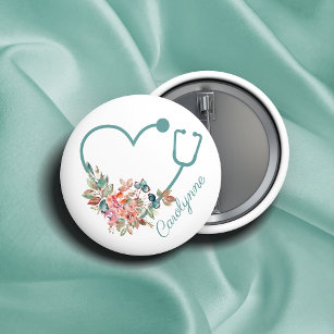Badge Rond 5 Cm Stethoscope floral Coeur Infirmière Médicale Aide 