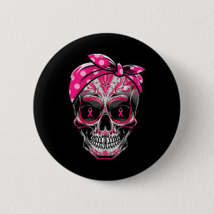Badge Rond 5 Cm Sugar Skull Cancer du sein Sensibilisation Pink Ri