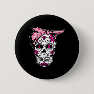 Badge Rond 5 Cm Sugar Skull rose Ruban Cool Cancer du sein Cancer