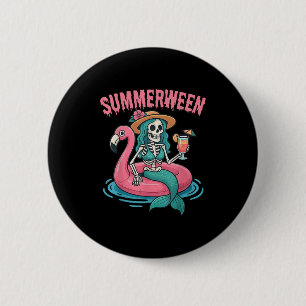 Badge Rond 5 Cm Summerween Mermaid Skeleton Beach Flamant rose Hal