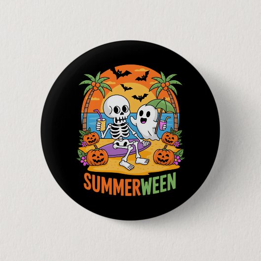 Badge Rond 5 Cm Summerween Skeleton Ghost Beach Halloween Fu (Devant)