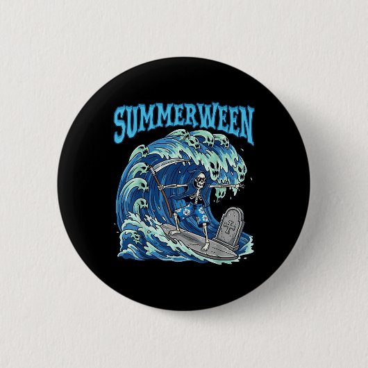 Badge Rond 5 Cm Summerween Skeleton Surf Grim Reaper Plage Éffraya (Devant)
