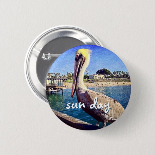 Badge Rond 5 Cm Sun Day Ocean Beach Pier Pelican Bird Photo mignon (Devant & derrière)