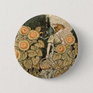 Badge Rond 5 Cm Sunflower Art Nouveau Jardin Grasset Femme