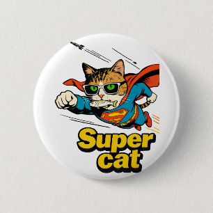 Badge Rond 5 Cm Super Chat Volant avec Poisson