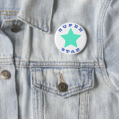 Badge Rond 5 Cm SUPER STAR | Big Turquoise Star Button (En situation)