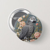 Badge Rond 5 Cm Superbe Perroquet Gray Africain Avec Élégantes Flo (Devant & derrière)