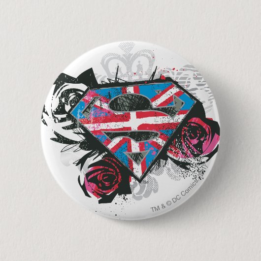 Badge Rond 5 Cm Supergirl British Drapeau et Roses (Devant)
