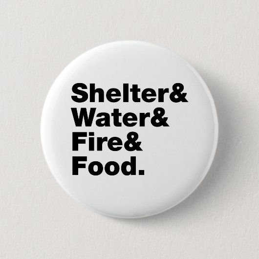 Badge Rond 5 Cm Survie (Abri & Eau & Feu & Nourriture). (Devant)