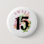 Badge Rond 5 Cm Sweet 15 Floral Numéro 15e Anniversaire (Devant)