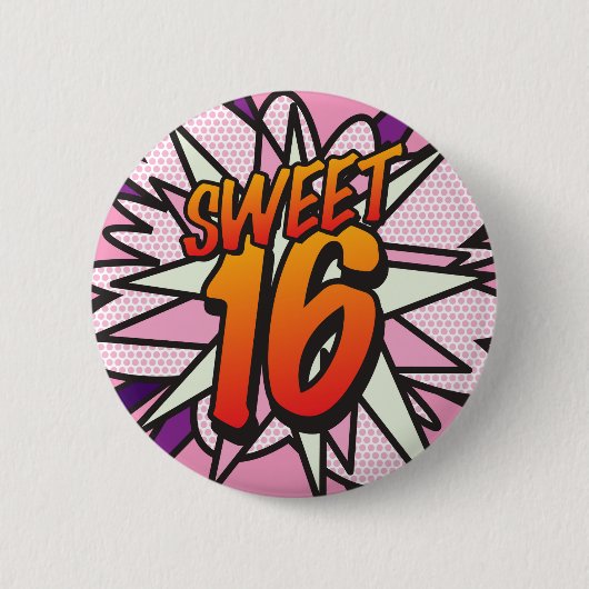 Badge Rond 5 Cm SWEET 16 Anniversaire Fun Retro Comic Book (Devant)