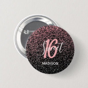 Badge Rond 5 Cm Sweet 16 Anniversaire Noir Blush rose Nom de la Pa