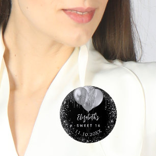 Badge Rond 5 Cm Sweet 16 argent noir parties scintillant nom ballo