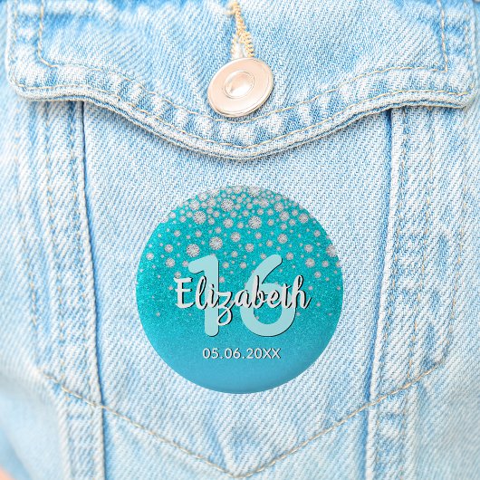 Badge Rond 5 Cm Sweet 16 diamants parties scintillant bleu turquoi