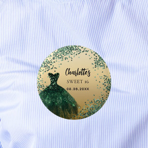 Badge Rond 5 Cm Sweet 16 robe en or vert émeraude