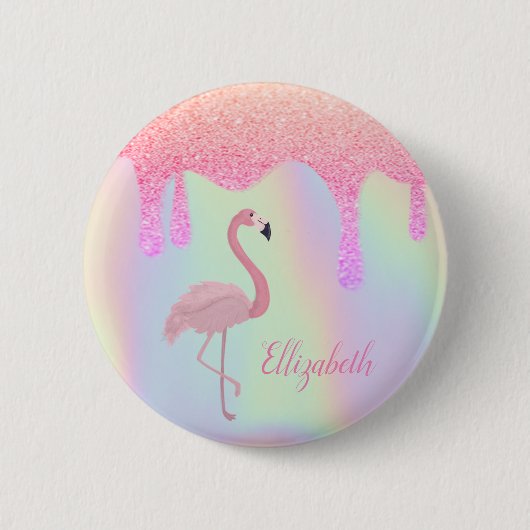 Badge Rond 5 Cm Sweet tendance Holographique, Flamant rose rose (Devant)