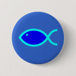 Badge Rond 5 Cm Symbole chrétien de poissons - FORT ! Bleu et Aqu