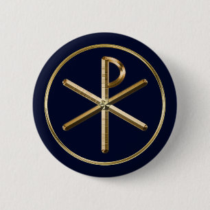 Badge Rond 5 Cm Symbole de Chi-Rho d'or sur bleu-foncé