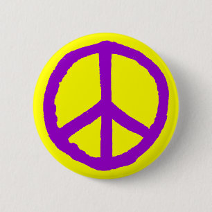 Badge Rond 5 Cm Symbole de paix rude - violet sur jaune