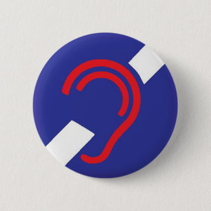 Badge Rond 5 Cm Symbole international pour sourd, rouge, le blanc
