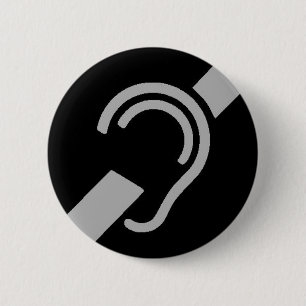 Badge Rond 5 Cm Symbole international pour sourds, argent sur noir