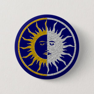 Badge Rond 5 Cm Symbole SOLEIL ET LUNE - or argent