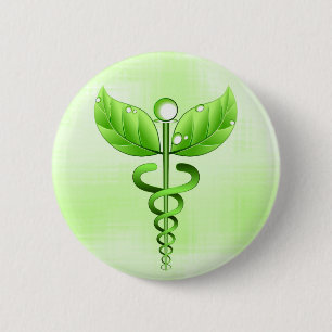 Badge Rond 5 Cm Symbole vert clair de médecine douce de caducée