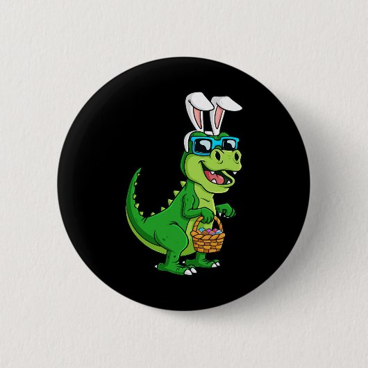 Badge Rond 5 Cm T Rex Lapin De Pâques Avec Panier Oeufs Dinosaure (Devant)