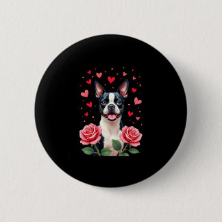 Badge Rond 5 Cm T-shirt Boston Terrier avec coeurs de roses rouges