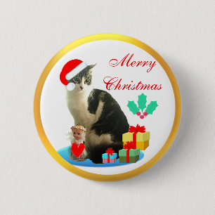 Badge Rond 5 Cm Tabby de Noël chat, petit ange & cadeaux
