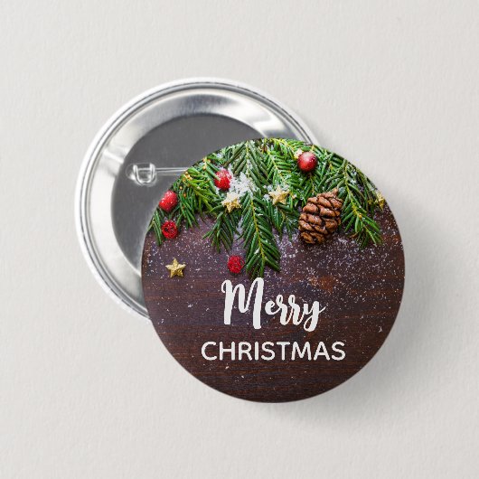 Badge Rond 5 Cm Table de Noël rustique avec pin et neige (Devant & derrière)