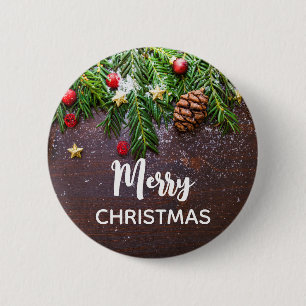 Badge Rond 5 Cm Table de Noël rustique avec pin et neige