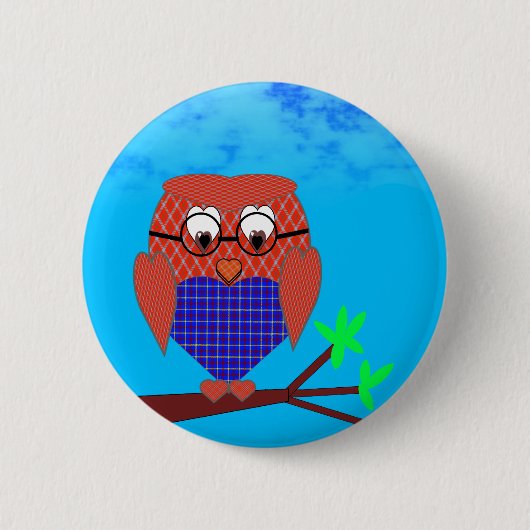Badge Rond 5 Cm Tartan et Chouette des Coeurs (Devant)