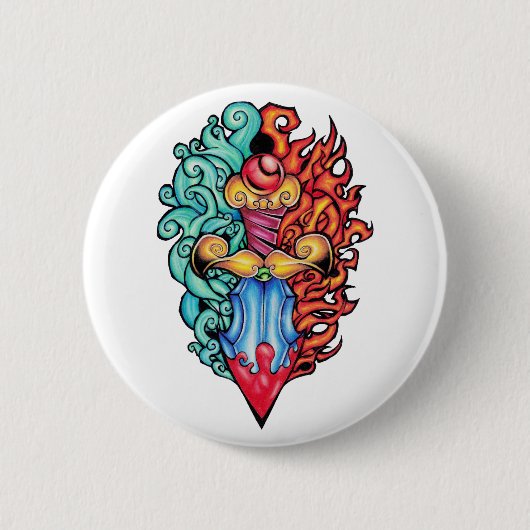 Badge Rond 5 Cm Tatouage de Dagger d'incendie et d'eau (Devant)