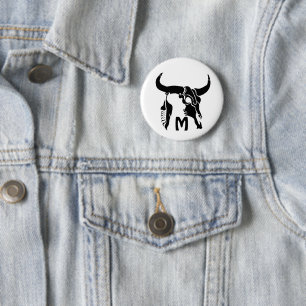 Badge Rond 5 Cm Taureau de Longhorn de la tribu avec la plume noir