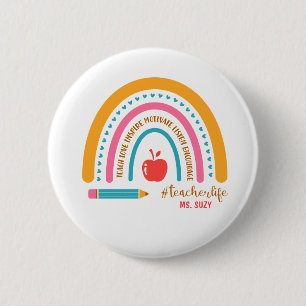 Badge Rond 5 Cm #Teacherlife Rainbow Nom de l'enseignant personnal