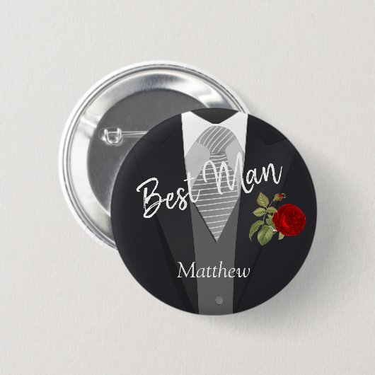 Badge Rond 5 Cm Team Groom Tuxedo Suit - Rose rouge (Devant & derrière)