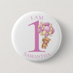 Badge Rond 5 Cm Teddy Bear Adventure ROSE ANNIVERSAIRE NUMÉRO 1