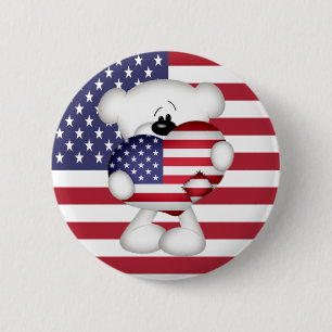 Badge Rond 5 Cm Teddy Bear et Big USA Flag Heart