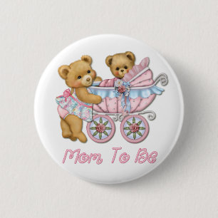 Badge Rond 5 Cm Teddy Bear Maman et Carriage - Rose