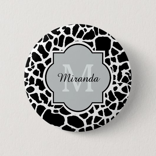Badge Rond 5 Cm Tendance Black White Giraffe Imprimer Nom Monogram (Devant)