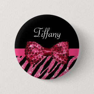 Badge Rond 5 Cm Tendance rose Zebra Print FAUX Glitz Bow avec nom