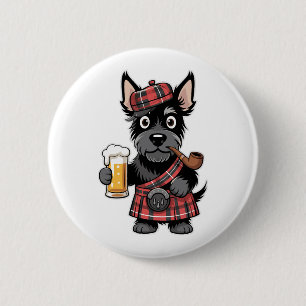 Badge Rond 5 Cm Terrier écossais à Tartan Kilt avec bière et tuyau