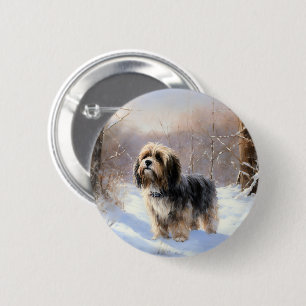 Badge Rond 5 Cm Terrier Tibétain Laissons Il Neige Noël
