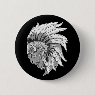 Badge Rond 5 Cm Tête de buffle avec coiffure indienne