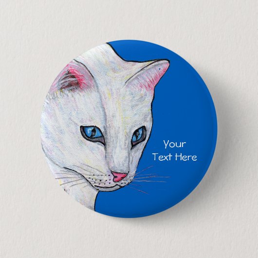 Badge Rond 5 Cm Tête de chatte blanche jolie yeux bleu clair (Devant)