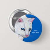 Badge Rond 5 Cm Tête de chatte blanche jolie yeux bleu clair (Devant & derrière)