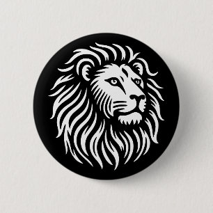Badge Rond 5 Cm Tête de lion - Blanc sur noir